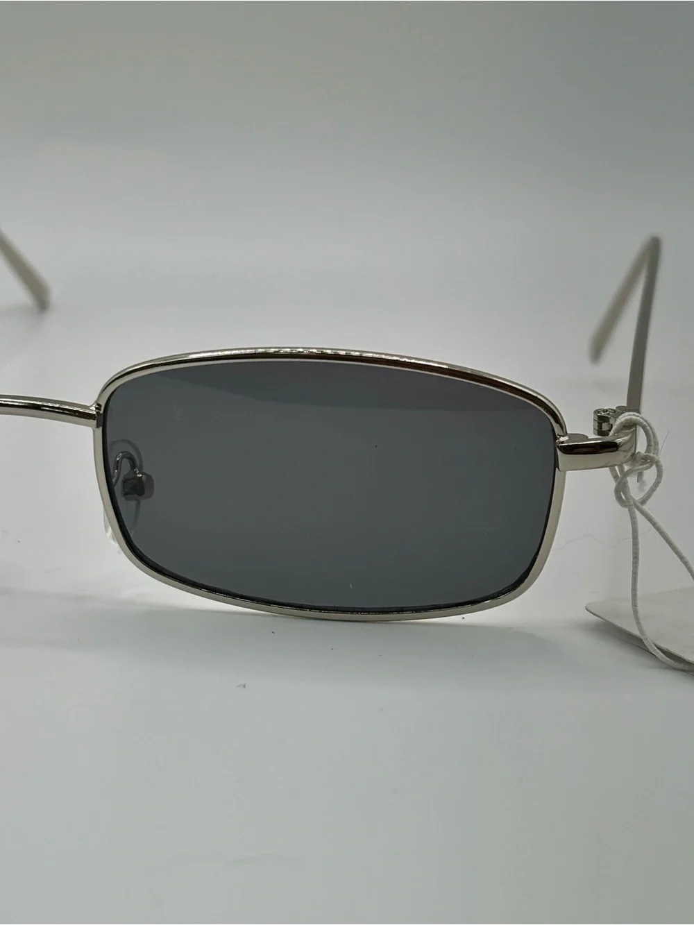 Vintage 90s Y2K Slim Rectangular Silver Metal Frame Sunglasses Dark Gray Lens